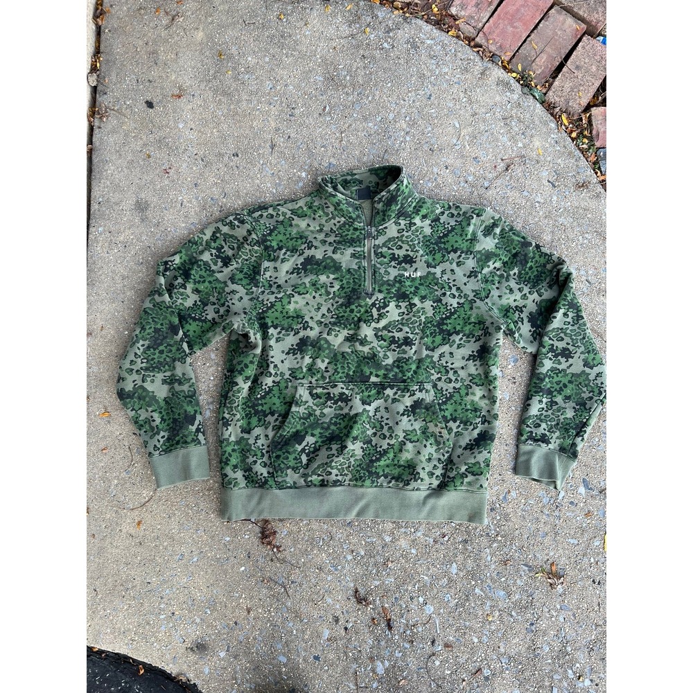 HUF Mens Green Digital‎ Leopard Camo Quarter Zip Fleece Pullover Sweatshirt M